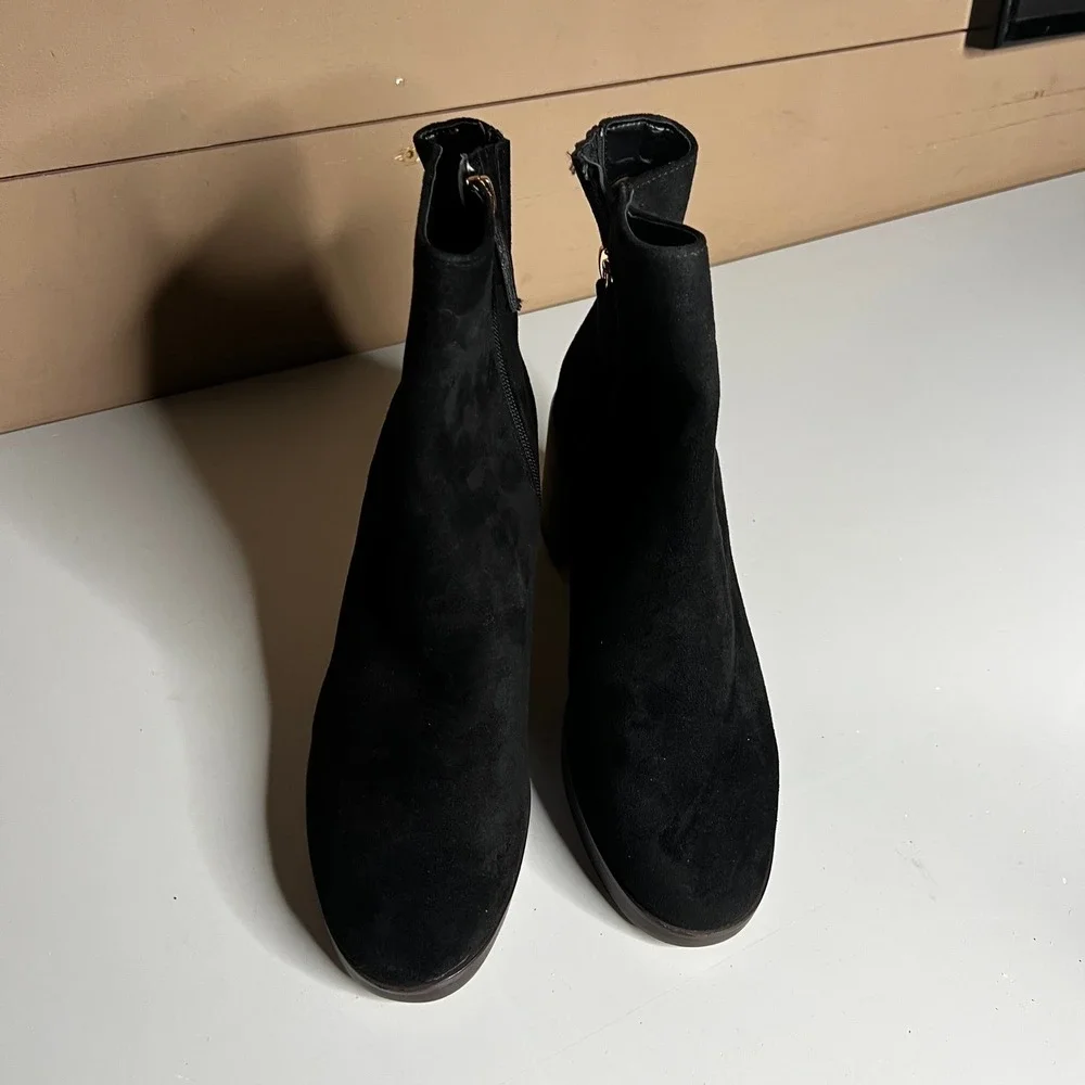 J.Crew Black Suede Textile Ankle Boots Block Heel Side‎ Zip BT278 Womens 8.5